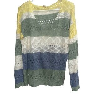 Altar'd State Striped Knit‎ V Neck Sweater Yellow Green Blue Boho Women's S